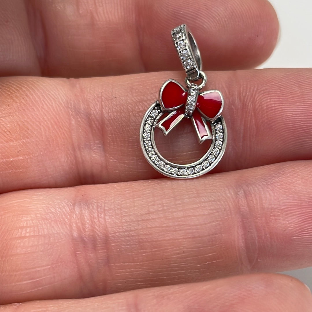 Sterling Silver Clear Pave Wreath With Enamel Bow Charm