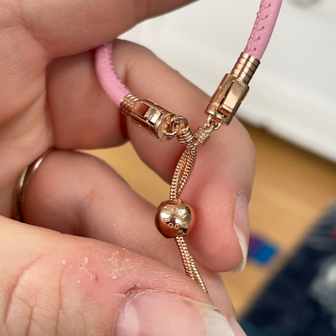 Genuine Pandora Rose Gold Black Pink Leather Slider Bracelet
