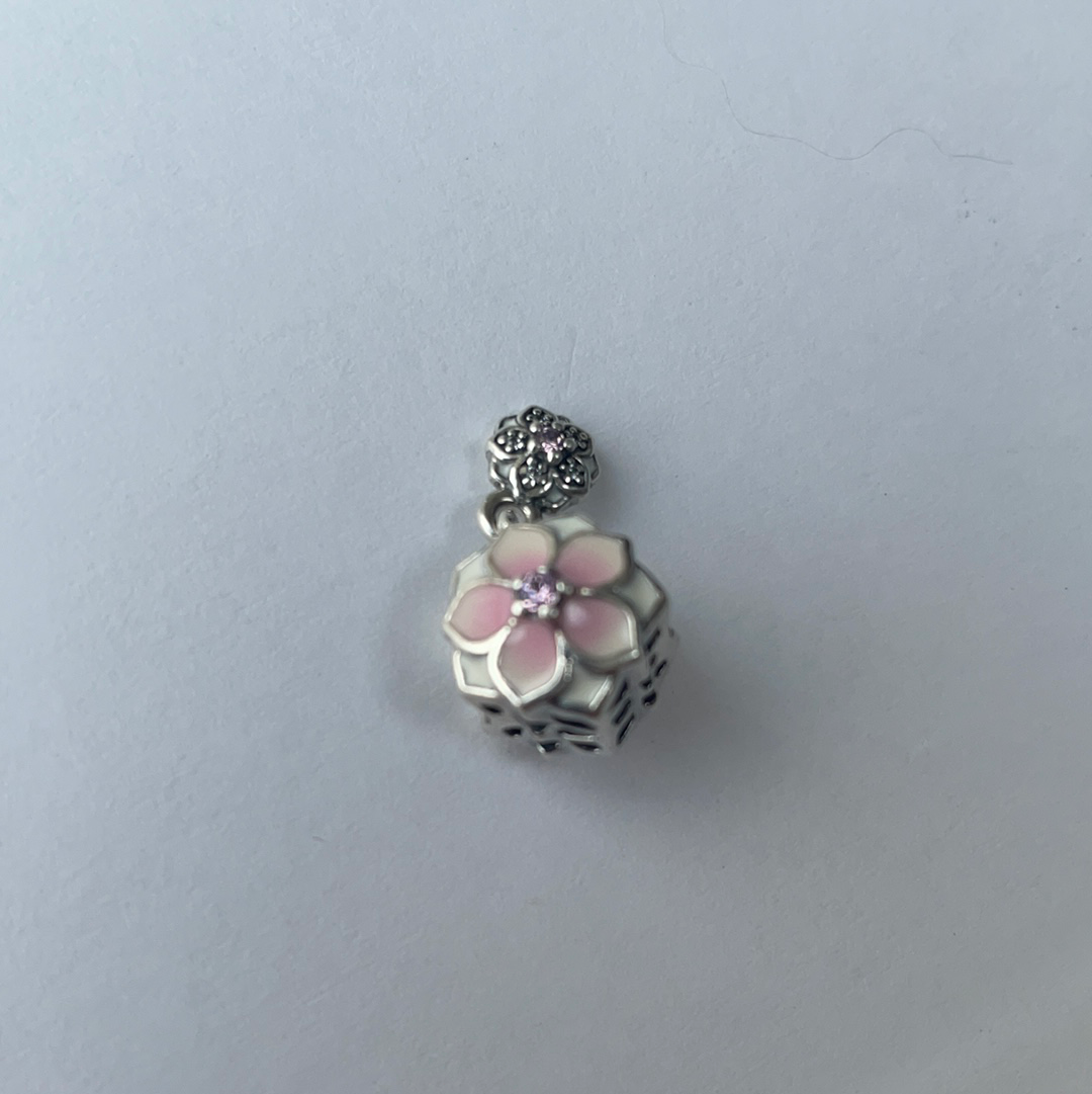 Genuine Pandora Pink Magnolia Flower Bloom Openwork Charm With Dangle Flower