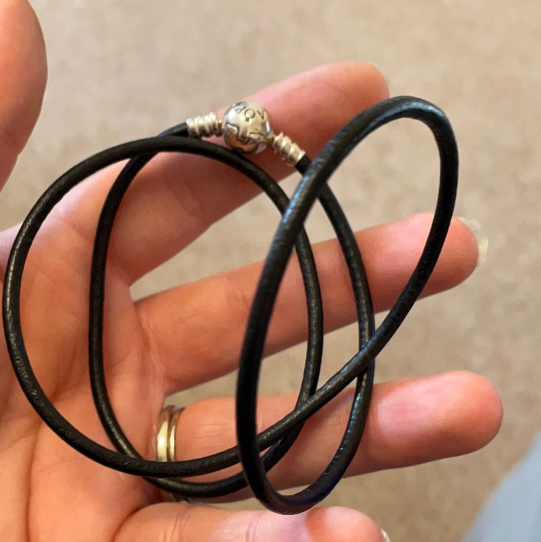 Genuine Pandora Black Leather Triple Wrap Around Bracelet 58cm in total