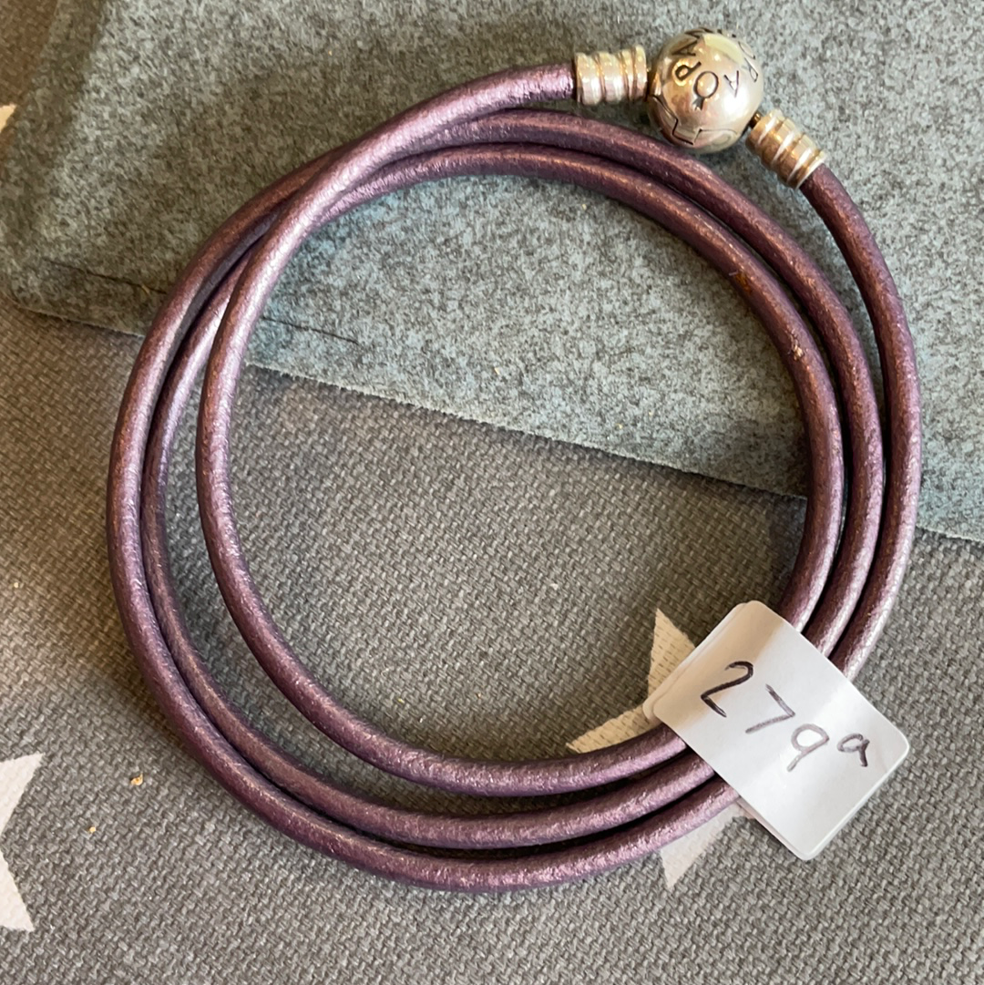 Genuine Pandora Purple Leather Triple Wrap Around Bracelet
