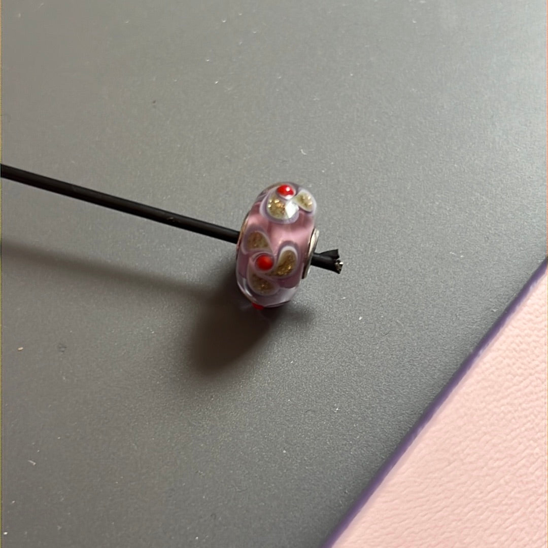 Genuine Trollbeads Pink and Sparkle Gold Glitter Flower Murano Charm