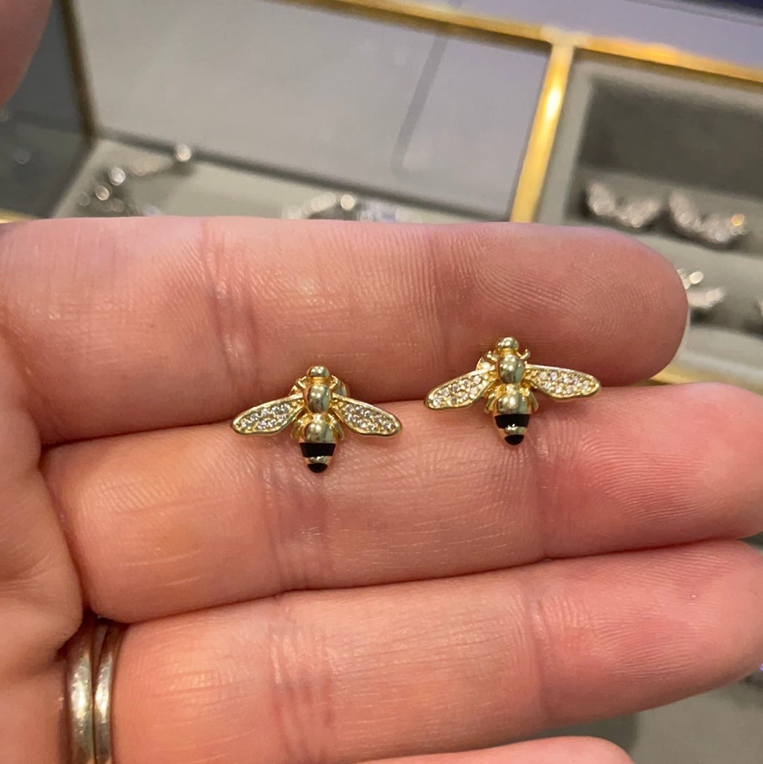Brand New Sterling Silver Gold Plated Pave Bee Earrings Beautiful CHOICE OF TWO