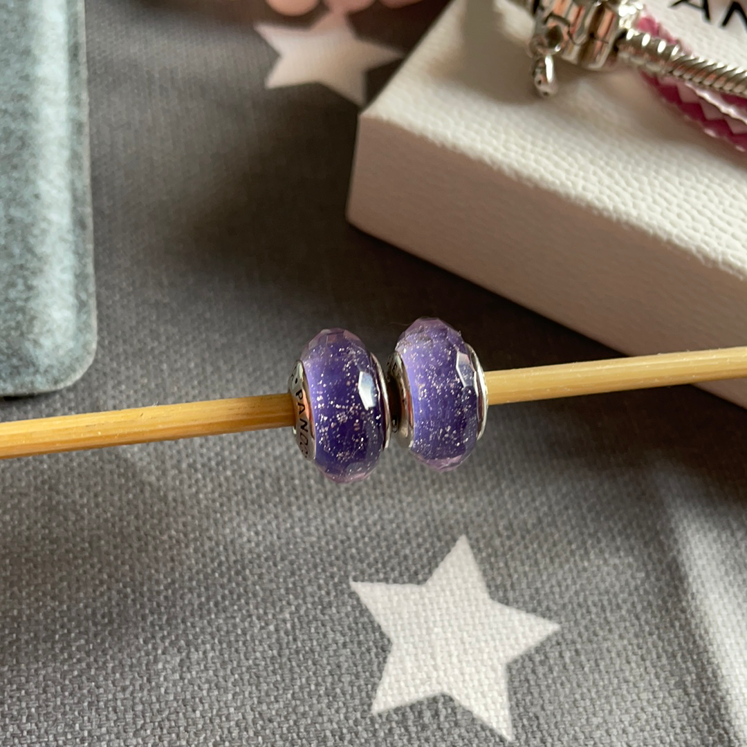Genuine Pandora Purple Lilac With Glitter Fleck Faceted Murano Glass Charm