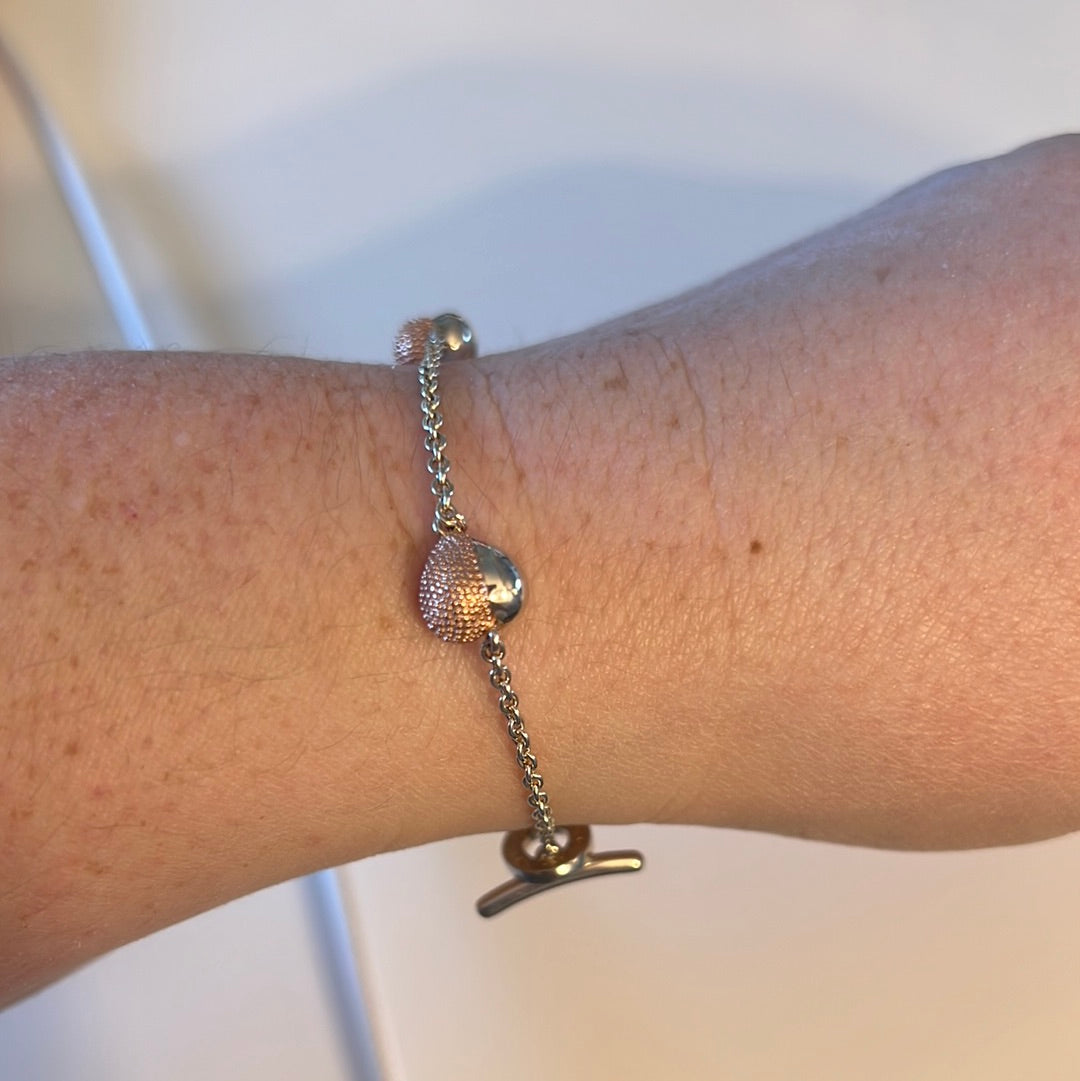 Genuine Links of London Sterling Silver T-Bar Bracelet With Half Rose Gold and Half Silver Hearts