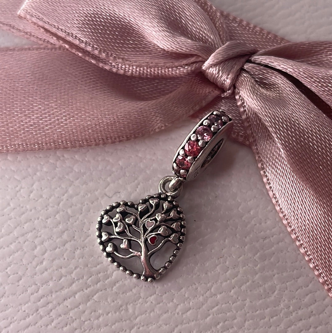 Genuine Pandora Pink Enamel Family Tree Dangle With CZ Dangle Charm (Choice of Rose Gold)