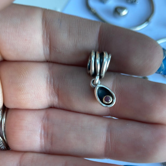 Genuine Pandora Pink Stone Rhodolite Rare Charm Two Tone HTF