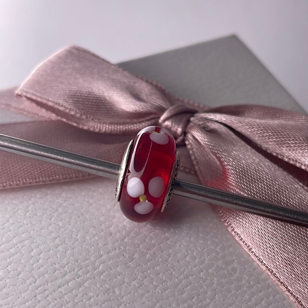 Genuine Pandora Red Murano Glass Charm With White and Yellow Flowers