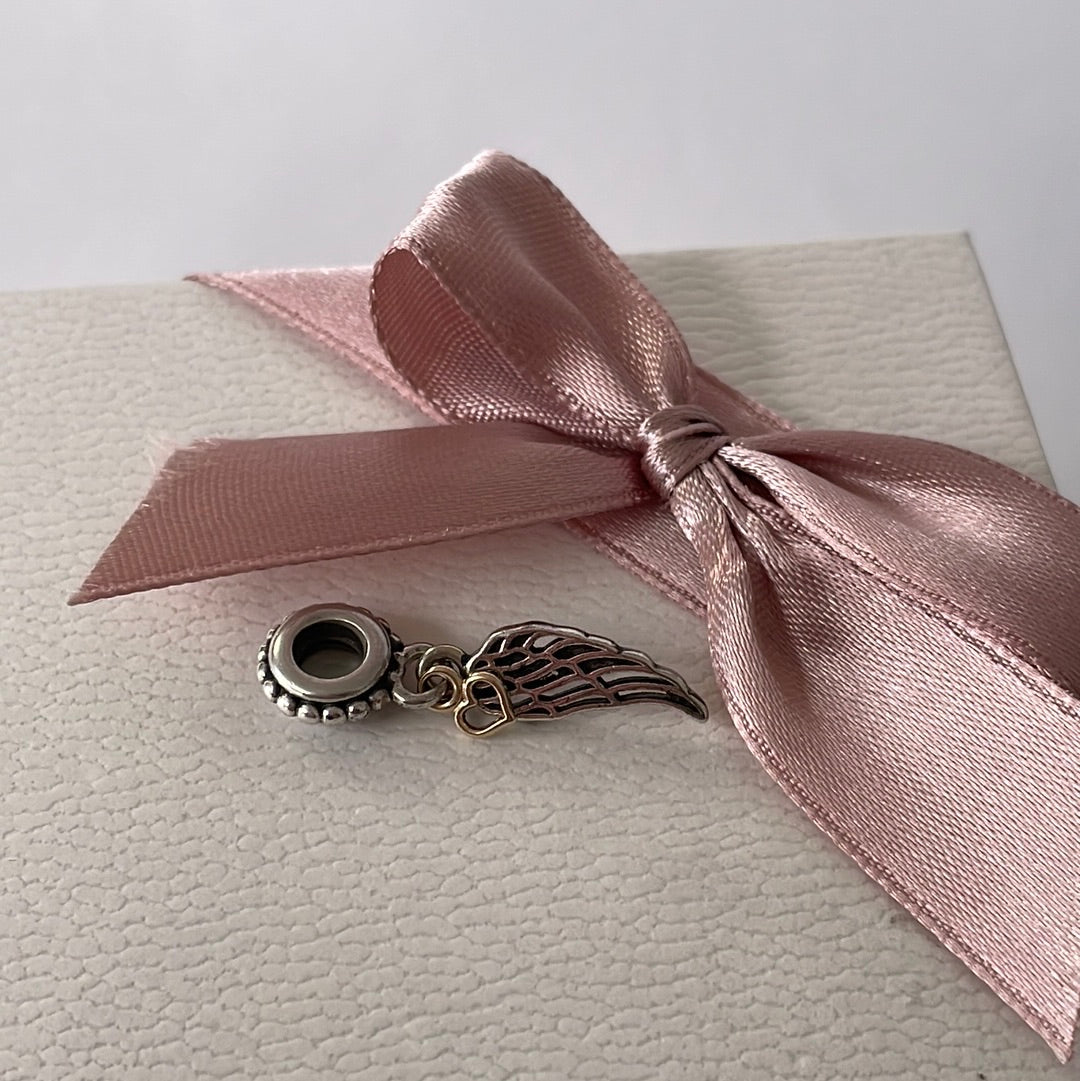 Genuine Pandora Spiritual Wing Angel Two Tone Heart Feather Dangle Charm