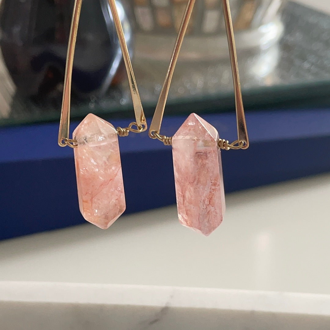 Brand New Rose Quarts Genuine Gemstone Dangle Earrings Large 14kt Gold Plated Brass STUNNING