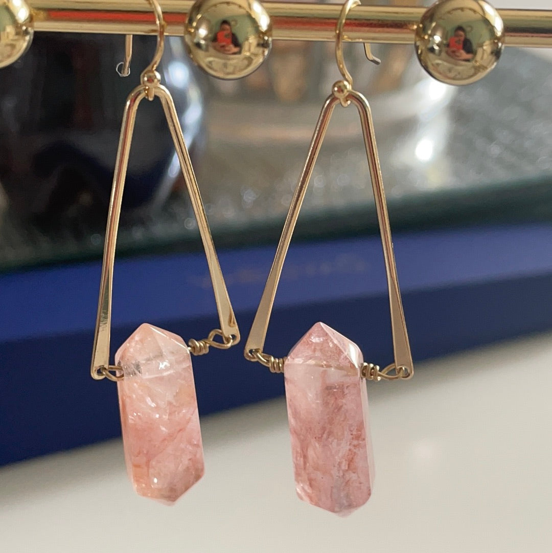 Brand New Rose Quarts Genuine Gemstone Dangle Earrings Large 14kt Gold Plated Brass STUNNING