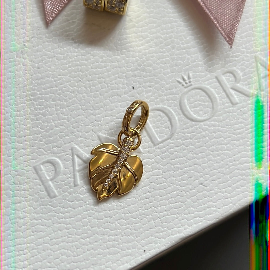 Genuine Pandora Shine Gold Leaf Pave Dangle Charm