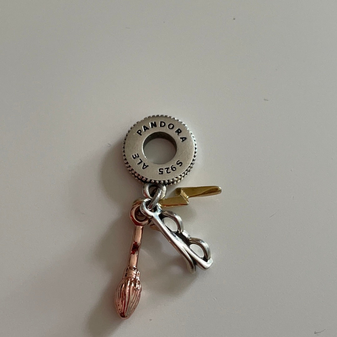 Genuine Pandora Harry Potter Dangle Charm Tri Tone Broomstick, Glasses and Lightning Bolt Scar