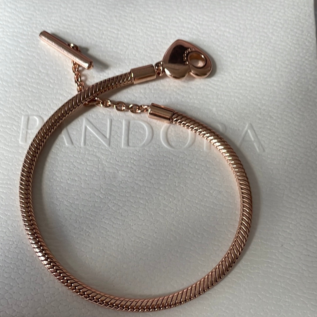Genuine Pandora Rose Gold Snake Chain Moments New Style Smooth Heart Chain T-Clasp Style 18cm