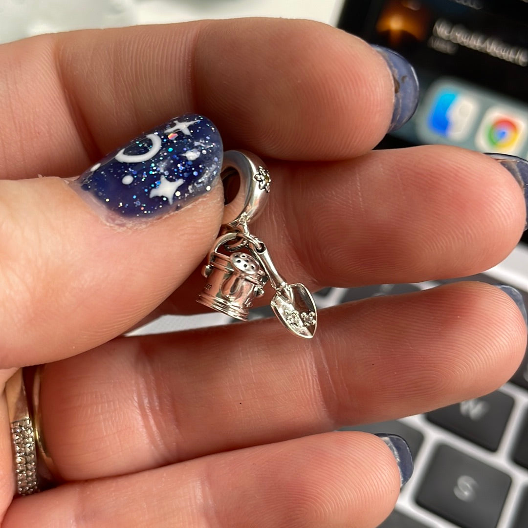 Genuine Pandora Garden Watering Can, Spade Charm with Enamel Flower Life in Full Bloom
