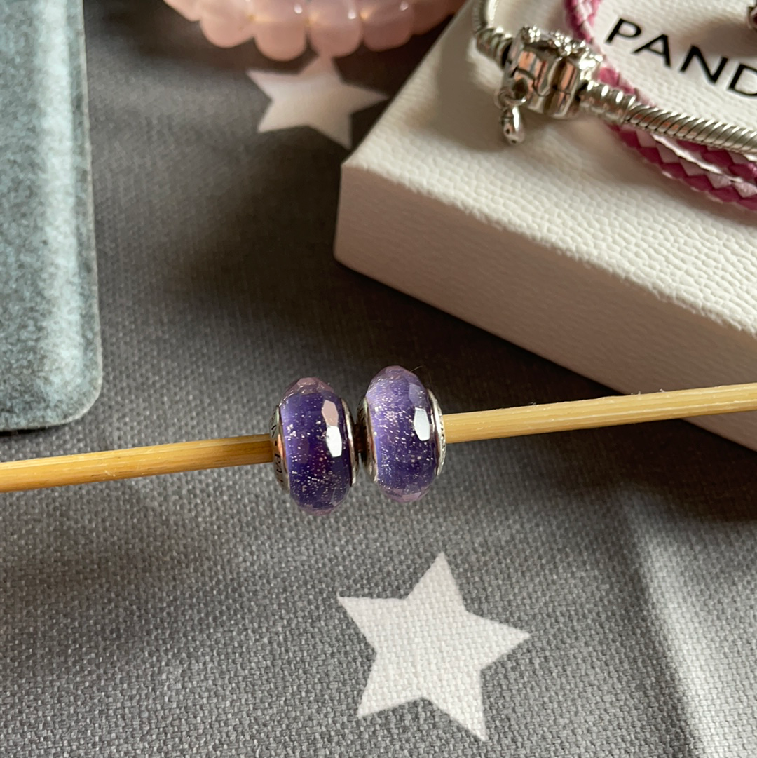 Genuine Pandora Purple Lilac With Glitter Fleck Faceted Murano Glass Charm