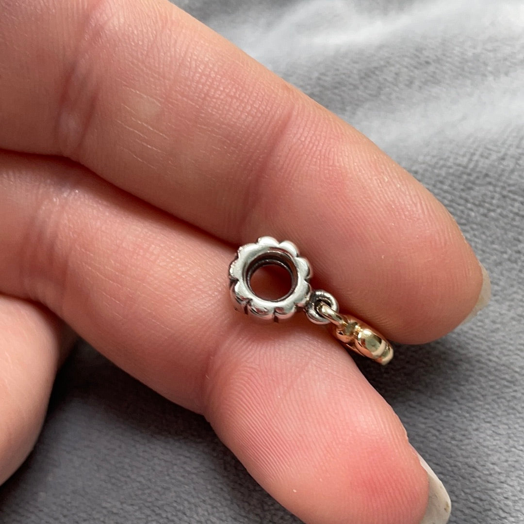 Genuine Pandora Two Tone RARE HTF Pink Sapphire 14ct Gold Flower Dangle Charm