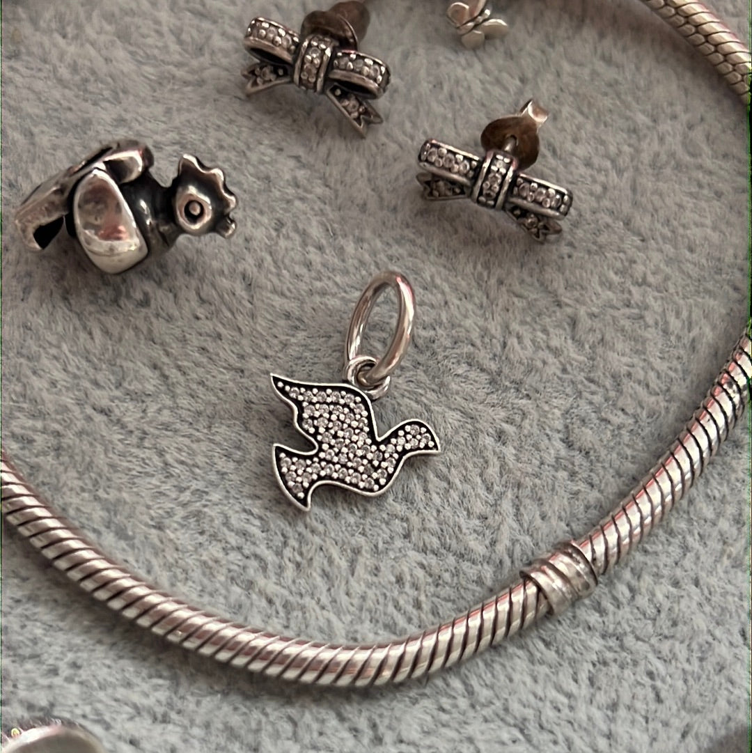 Genuine Pandora Dove of Peace Pave Dangle Charm Pendant Symbol