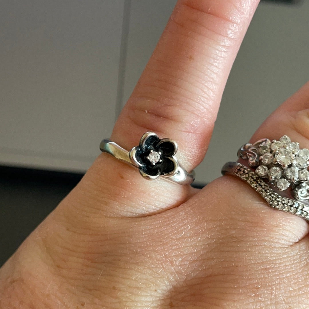 Genuine Pandora Black Flower Mystical Floral Collection Ring Size 50