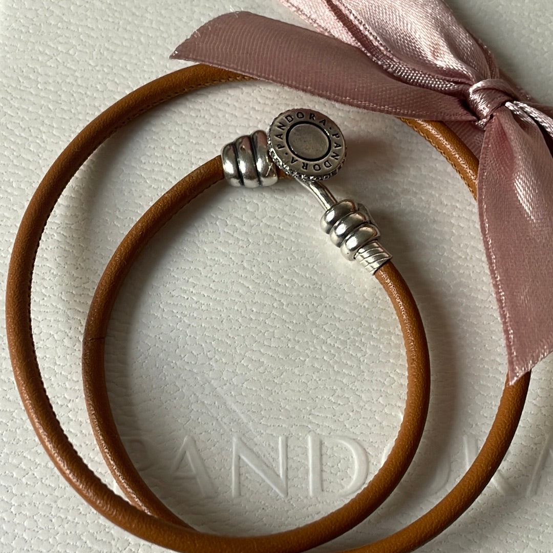 Genuine Pandora Tan Double Wrap Leather Bracelet New Style Pave Hook and Loop Style