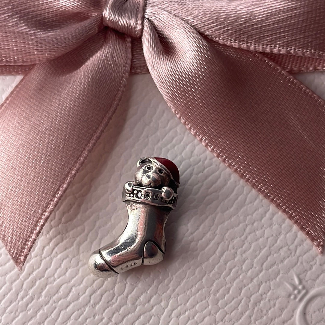 Genuine Pandora Stocking Bear Enamel Christmas Charm