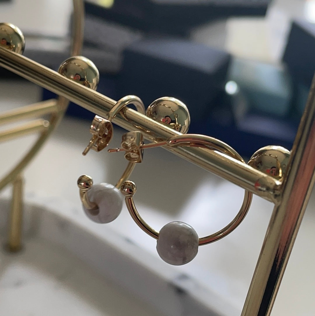 Brand New Howlite Genuine Gemstone Hoop Dangle Earrings Large 14kt Gold Plated Brass STUNNING