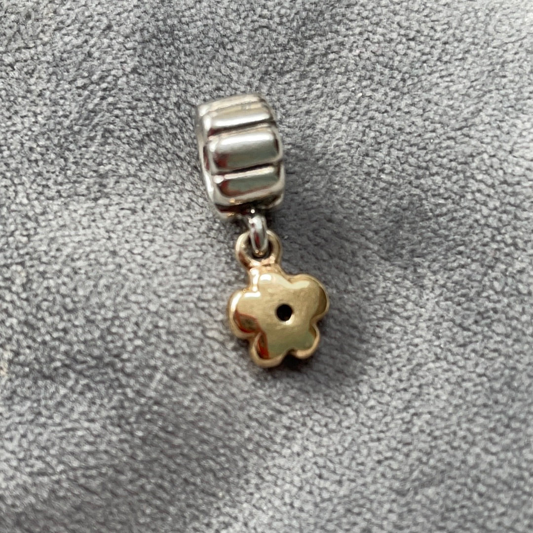 Genuine Pandora Two Tone RARE HTF Pink Sapphire 14ct Gold Flower Dangle Charm
