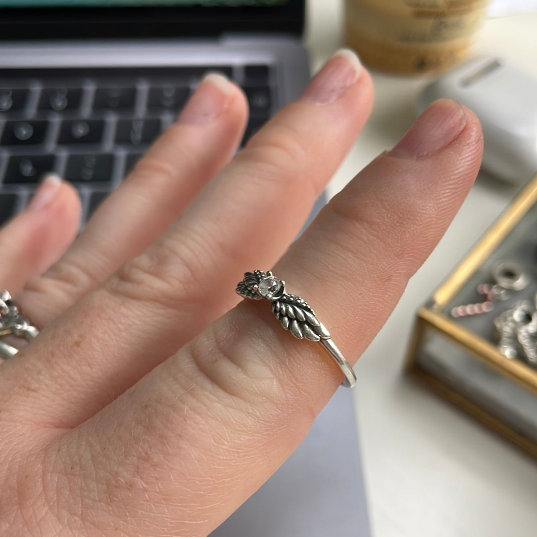Genuine Pandora Angel Wing Pave Feather Ring With Stone Size 52