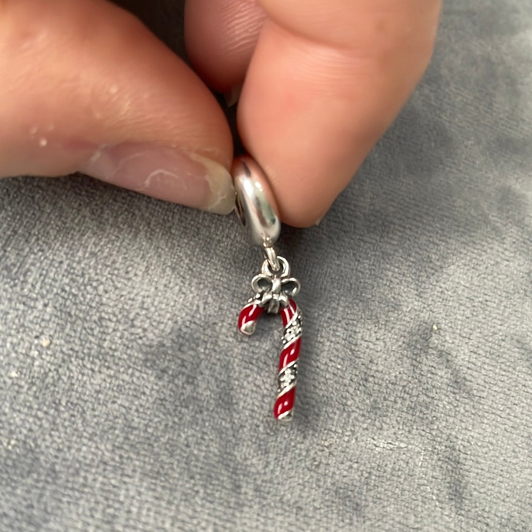 Genuine Pandora Pave Candy Cane Dangle Charm Red and Silver