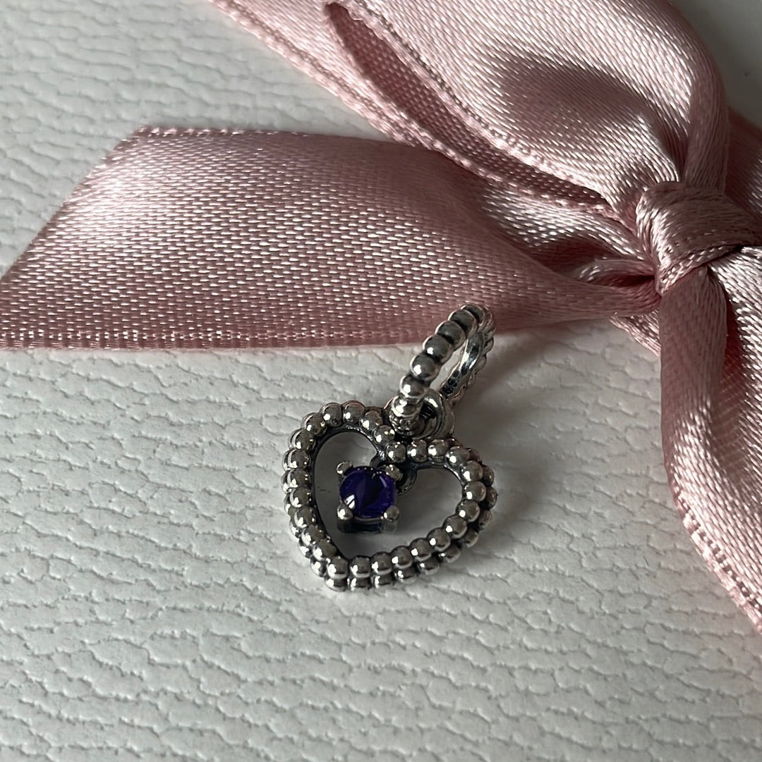 Genuine Pandora Amethyst Purple Stone Birthstone Beaded Heart Dangle