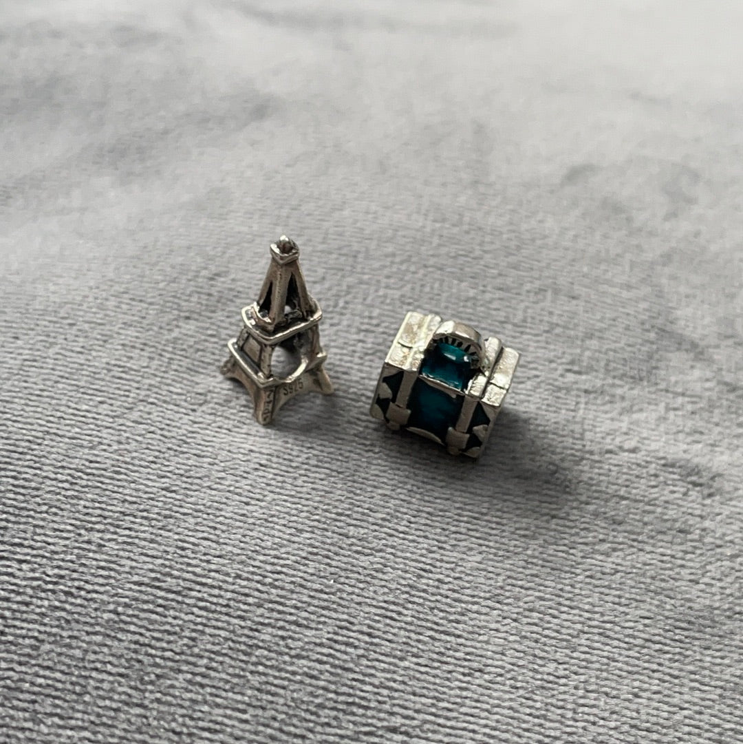 Unbranded Sterling Silver Travel Charms Eiffel Tower Paris France and Blue Enamel Suitcase