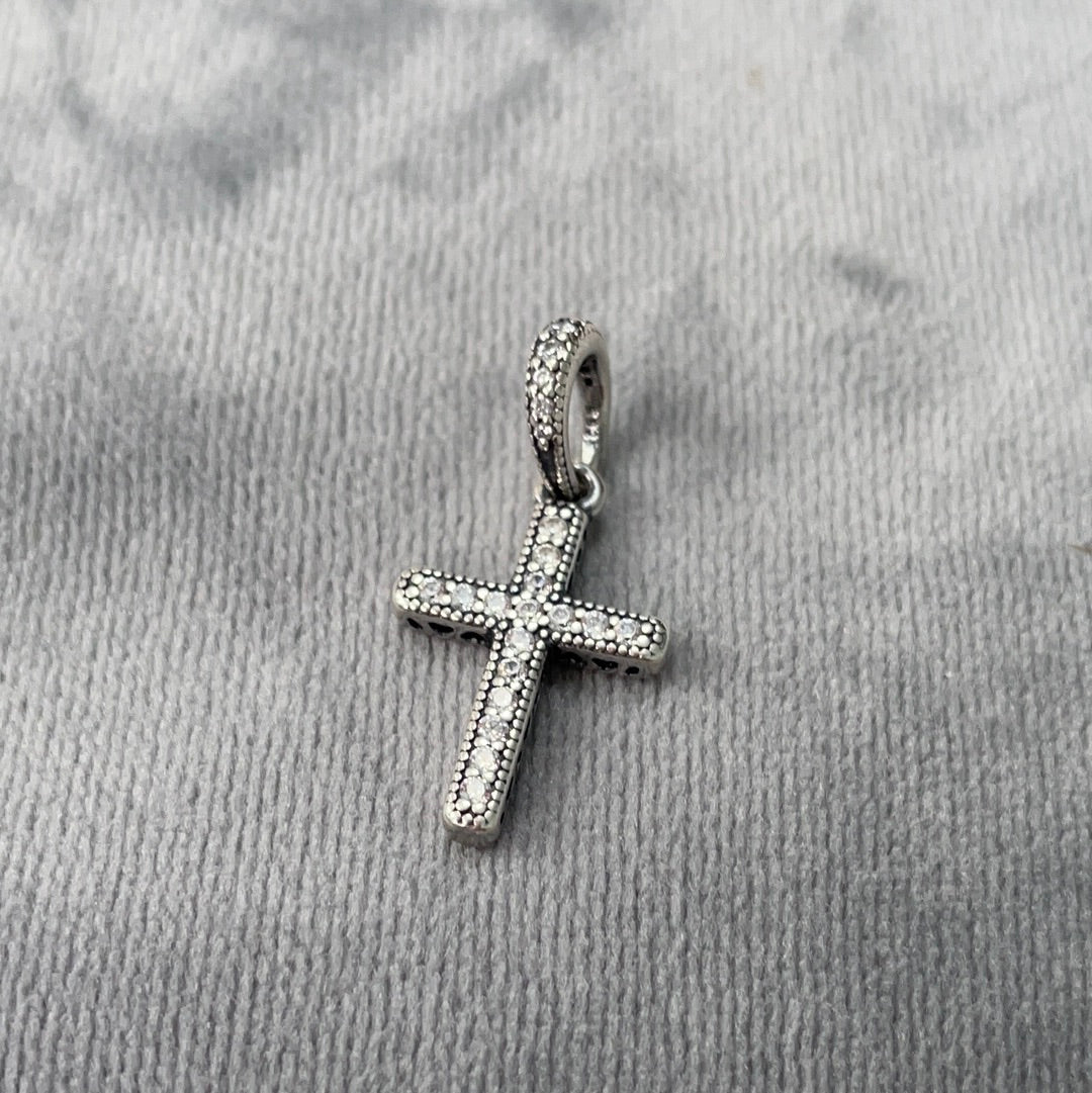 Genuine Pandora Pave Cross Sparkle Dangle Charm Radiant Hearts Pendant