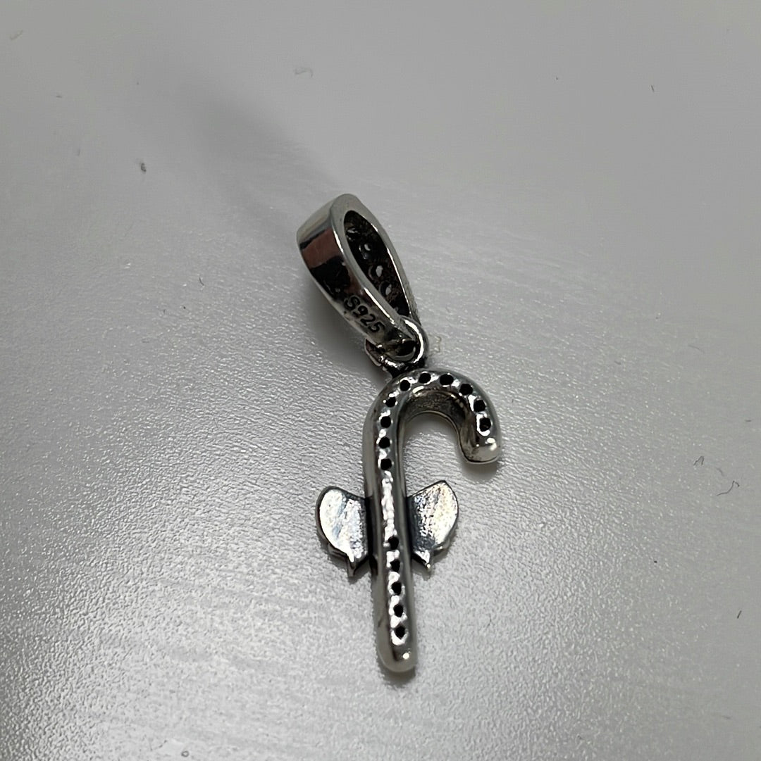 Sterling Silver Clear Pave Candy Cane Dangle Charm