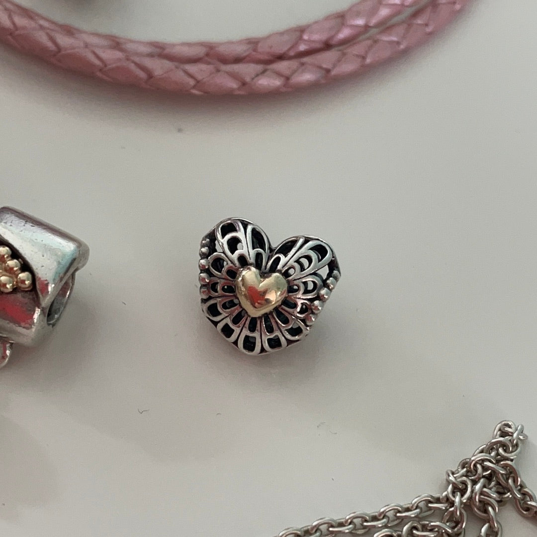 Genuine Pandora Vintage Heart Two Tone Openwork Charm