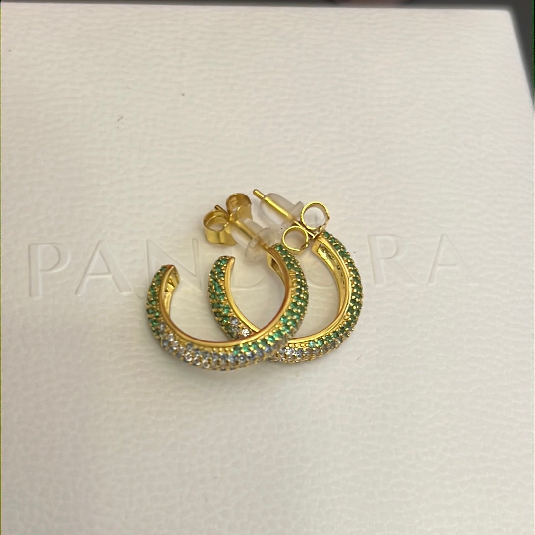 Sterling Silver Gold Plated Hoop Earrings in Pave Clear and Green Stones