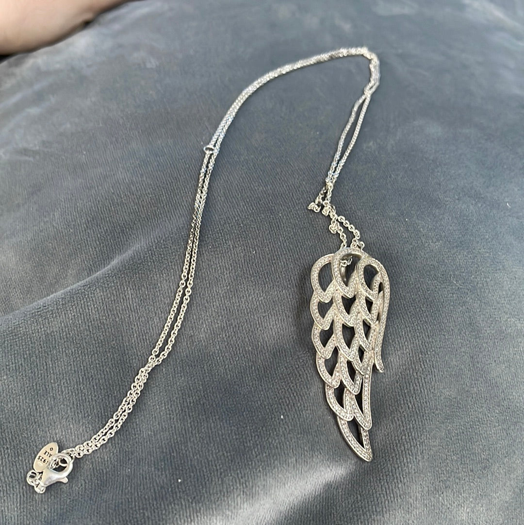 Genuine Pandora Pave Dangling Feather Angel Wing Pendant Necklace