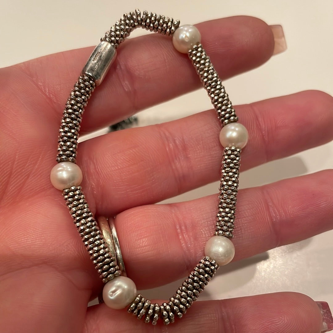 Genuine Links of London Sterling Silver Pearl and Flower Bracelet