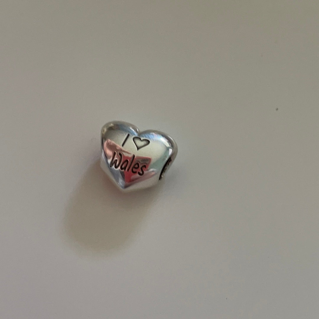 Genuine Pandora Silver Puffed Heart Charm With I Love Wales Dragon Charm