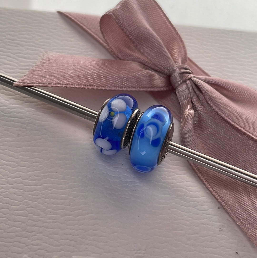 Genuine Pandora Blue/ White Flower Murano Charm