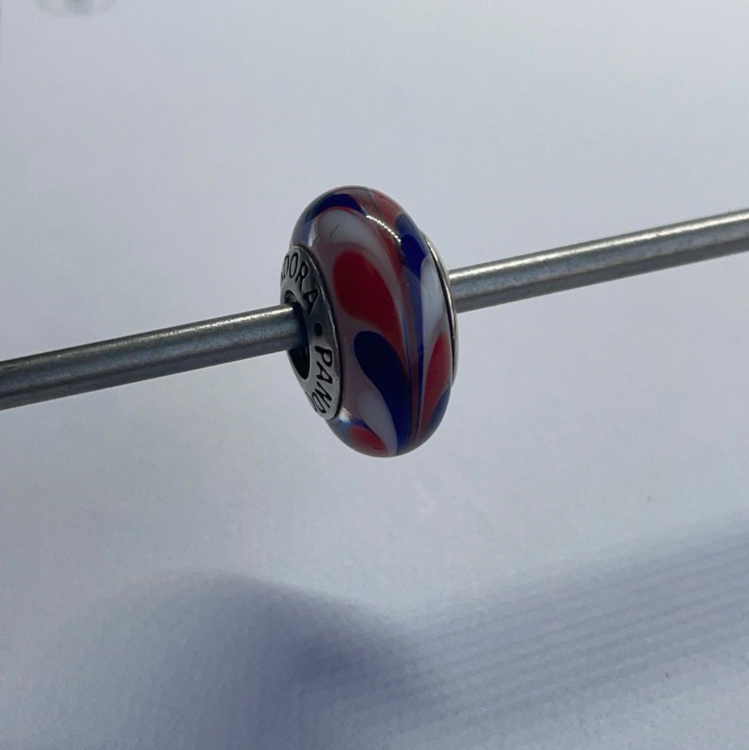 Genuine Pandora Red, Blue, White Swirl Paint UK GB Travel Murano Glass Charm