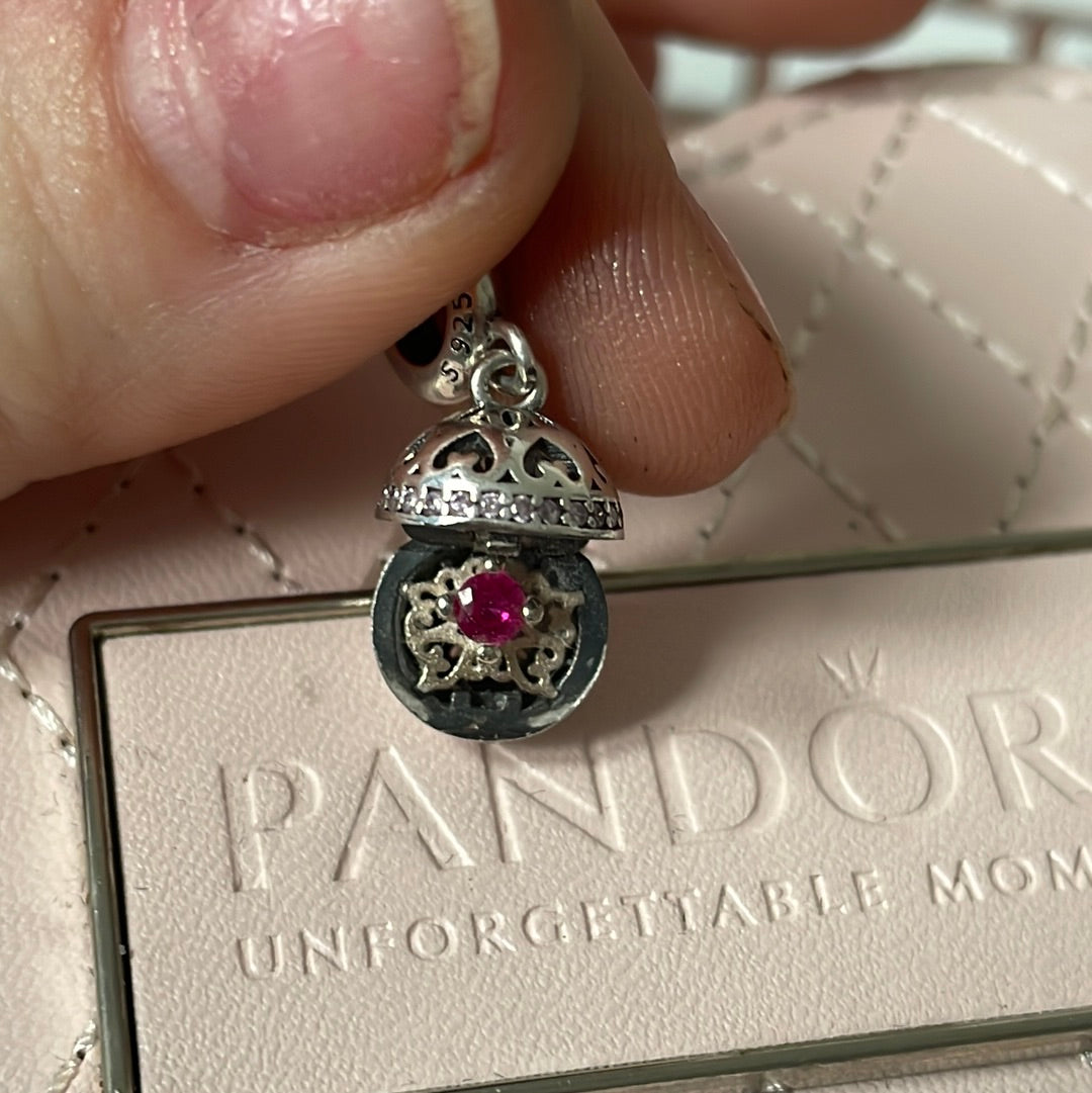 Sterling Silver Openable Pave Sparkle Dangle Charm With Pink Stone Inside Beautiful