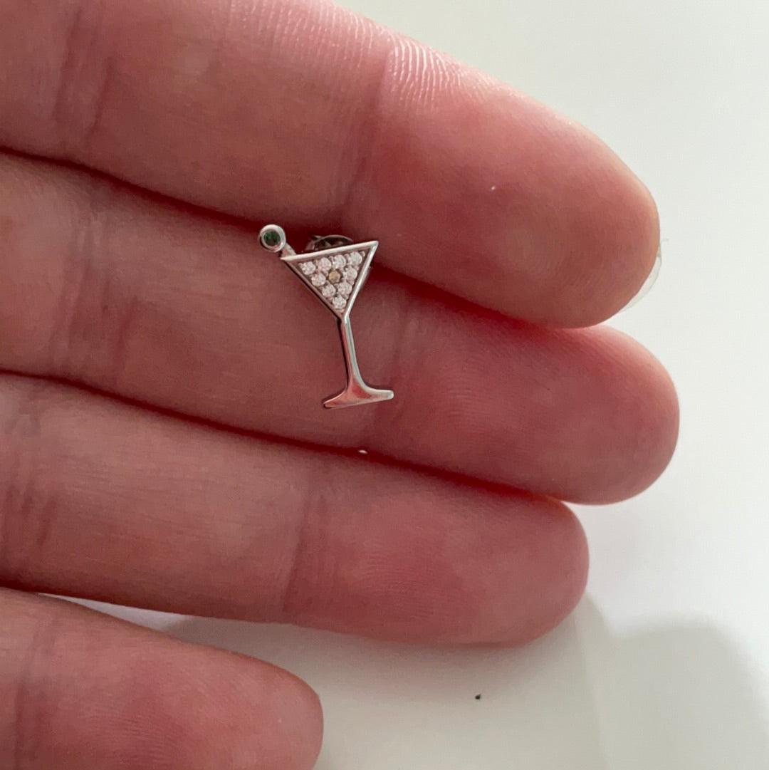 Brand New Pave CZ Martini Glass With Olive Earrings Studs