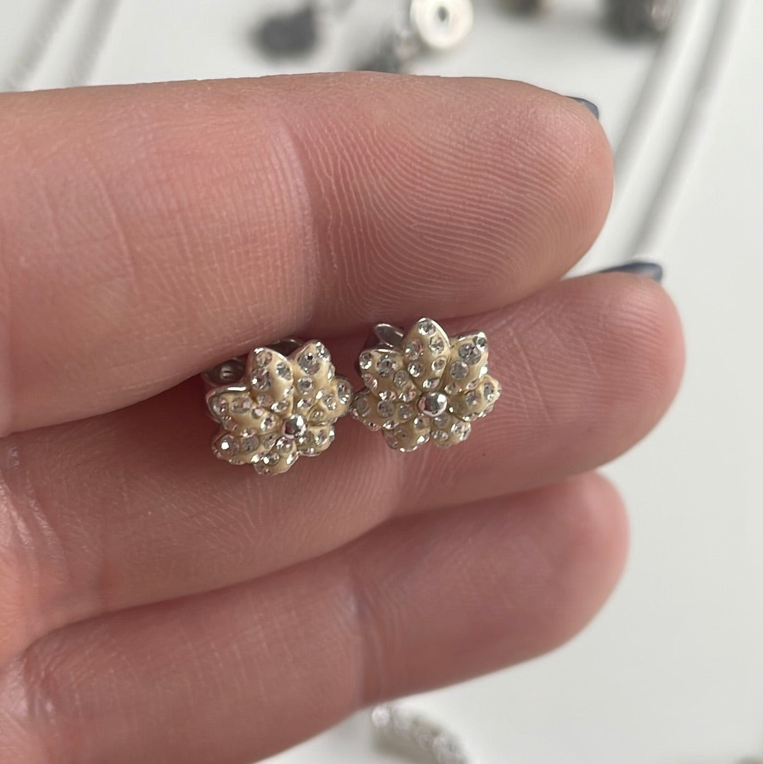 Genuine Swarovski Pave Crystal Cream Flower Poinsettia Stud Earrings