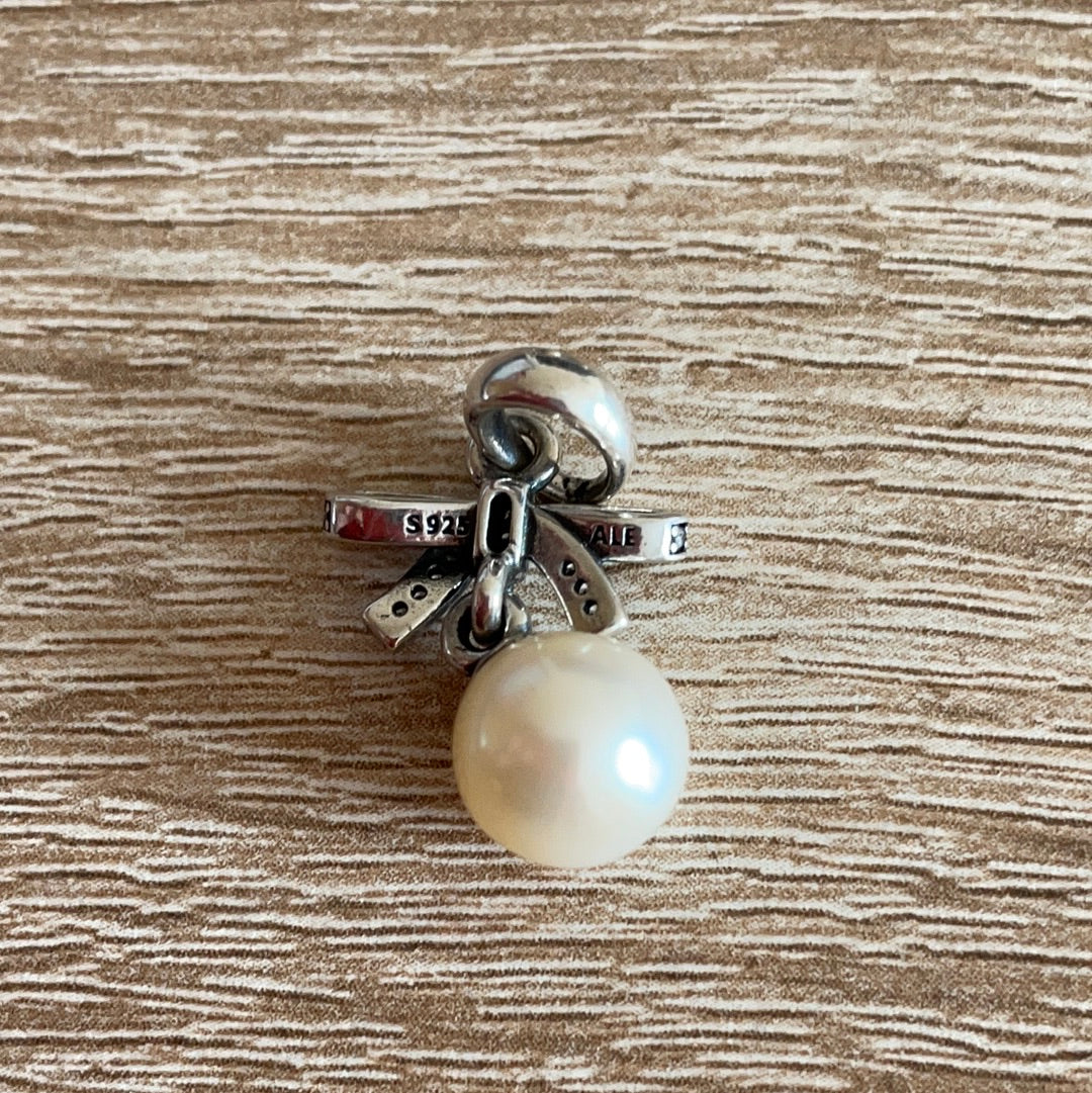 Genuine Pandora Delicate Sentiments Pearl Pave Bow and Pearl Dangle Beautiful Charm/ Pendant