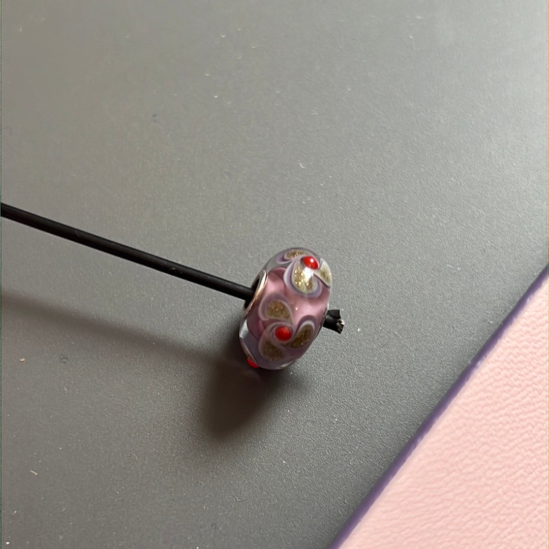 Genuine Trollbeads Pink and Sparkle Gold Glitter Flower Murano Charm