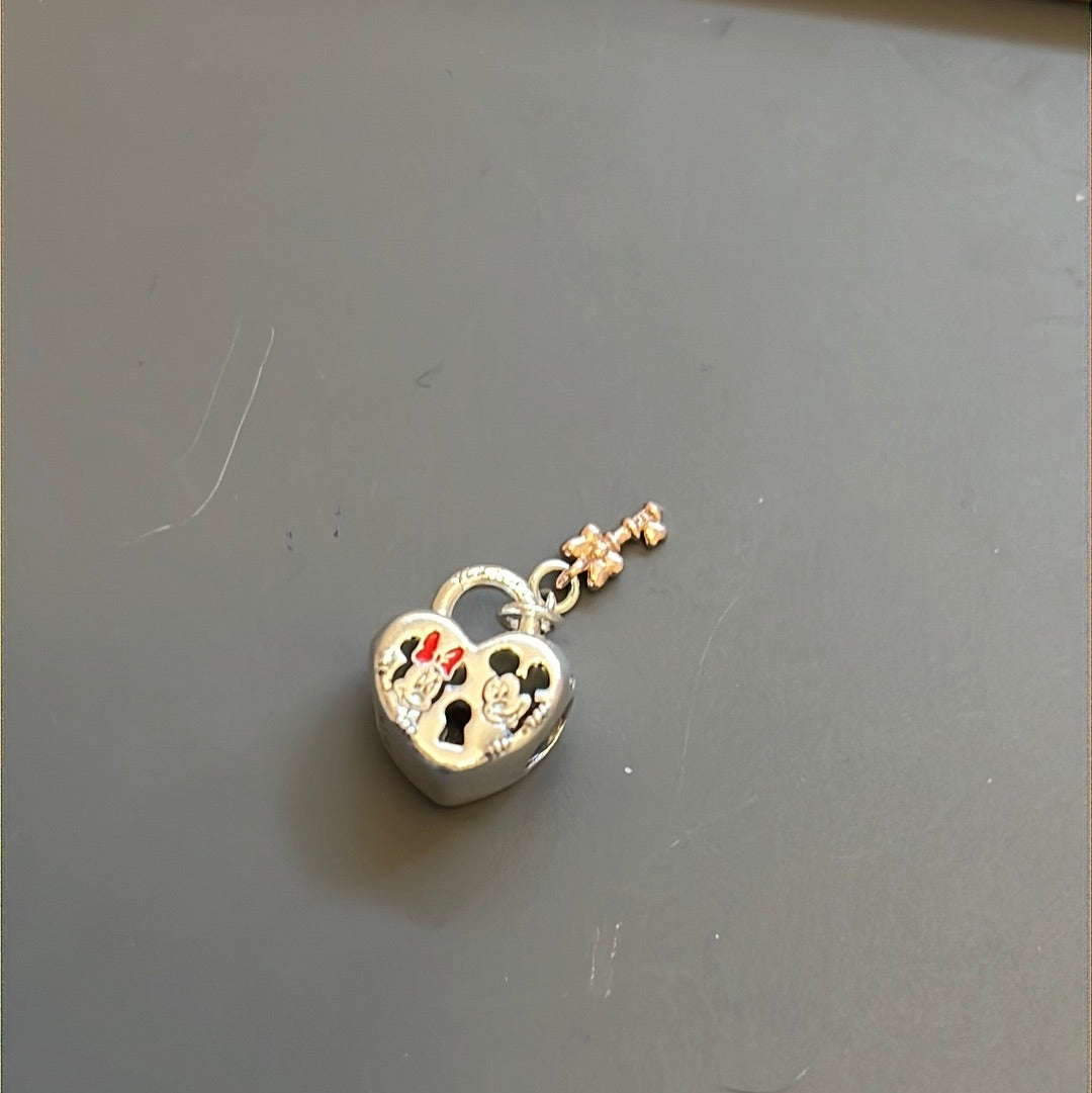Genuine Pandora Disney Mickey and Minnie Enamel Padlock With Rose Gold Key Charm