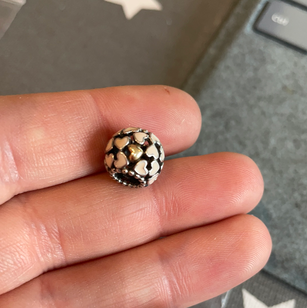 Genuine Pandora Pink Enamel Heart Two Tone Openwork Charm