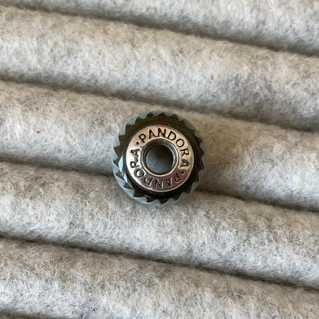 Genuine Pandora Dark Green Murano Glass Charm with White Zigzag Lines
