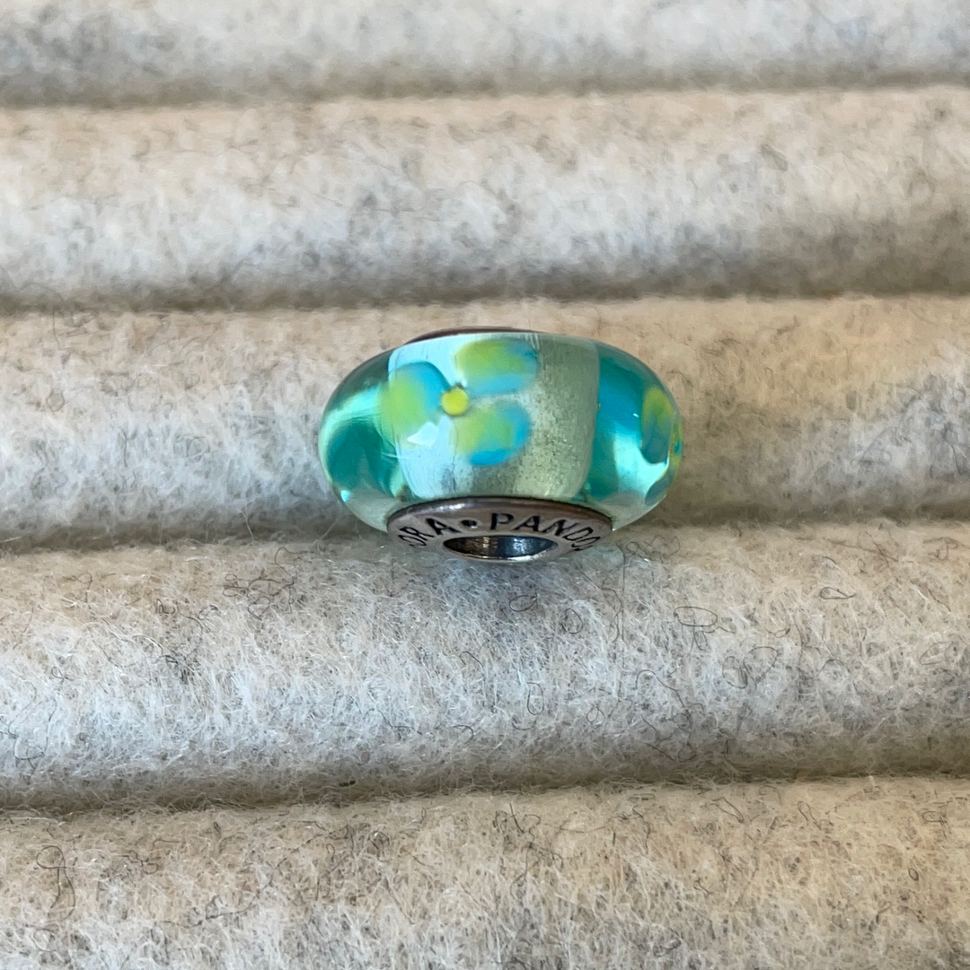 Genuine Pandora Green and Light Pale Green Flowers Murano Glass Charm