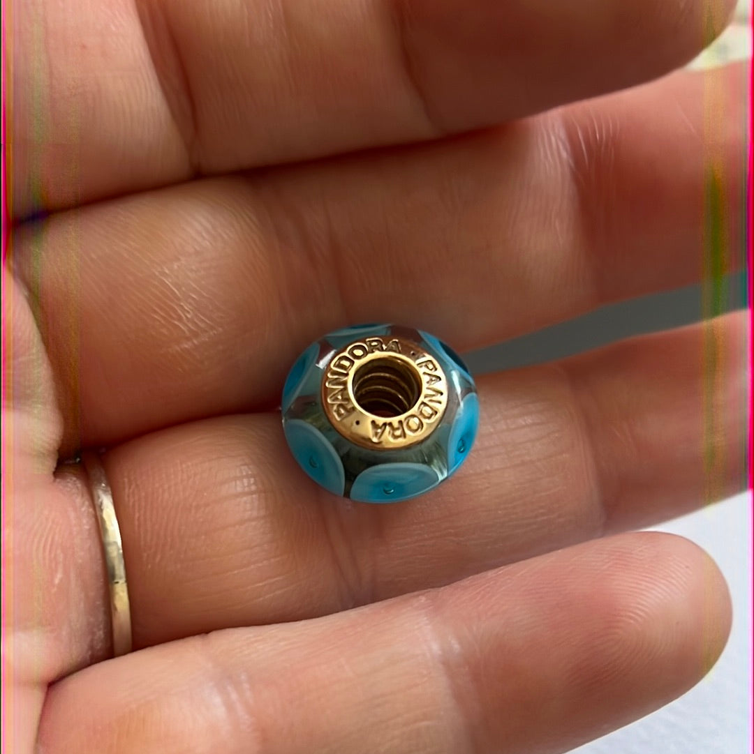 Genuine Pandora Solid 14ct Blue Bullseye Gold Glass Mystic Murano Charm HTF
